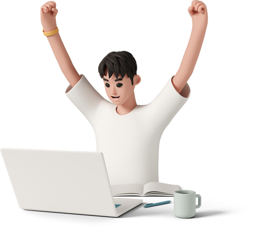 boy in front of a computer cheering with his arms up